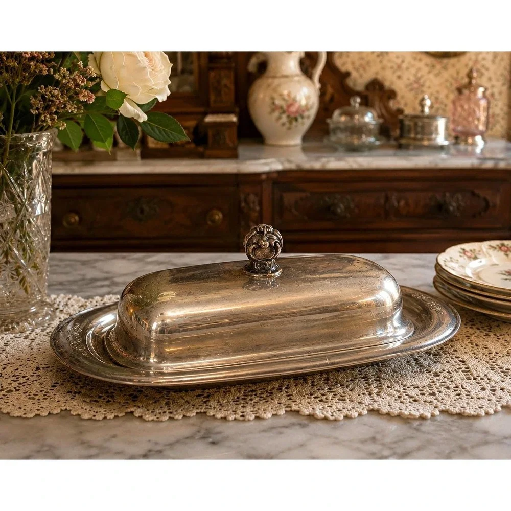 Vintage Rogers Exquisite 4687 Silverplate covered Butter Dish Ornate Floral